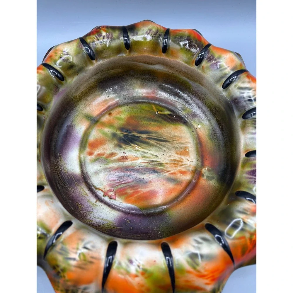 Vintage‎ Ceramic Art Pottery Scalloped Bowl Orange Green Drip Glaze 9.5